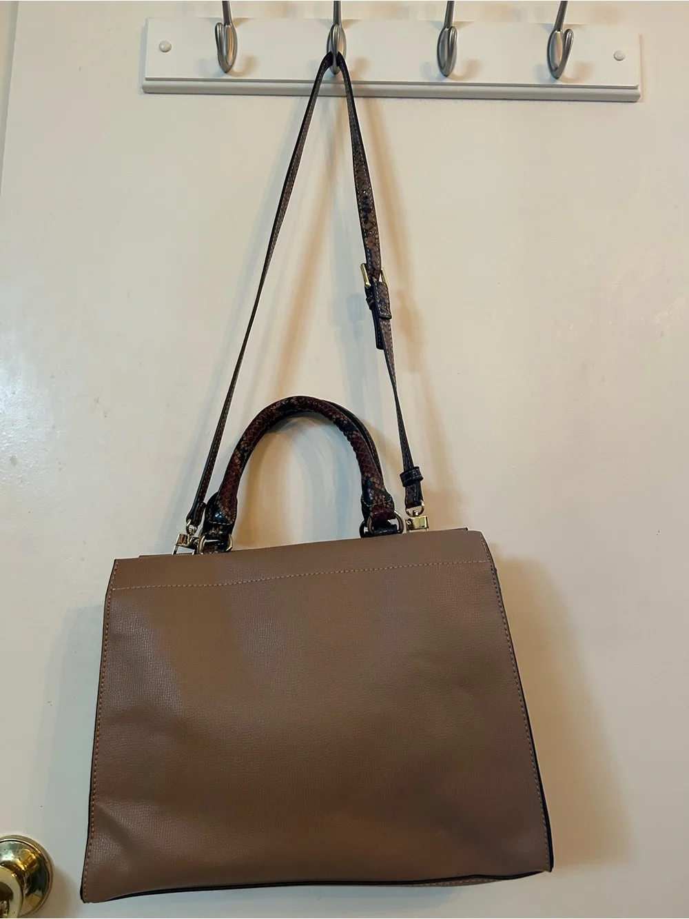 Gianni Bini Taupe Structured Satchel with Gold Chain Accent